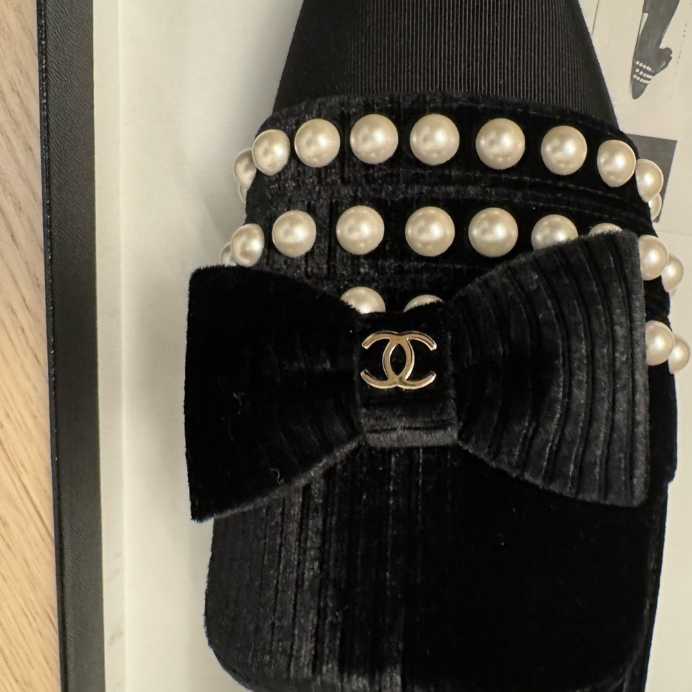 Chanel Black Velvet loafers with Pearls